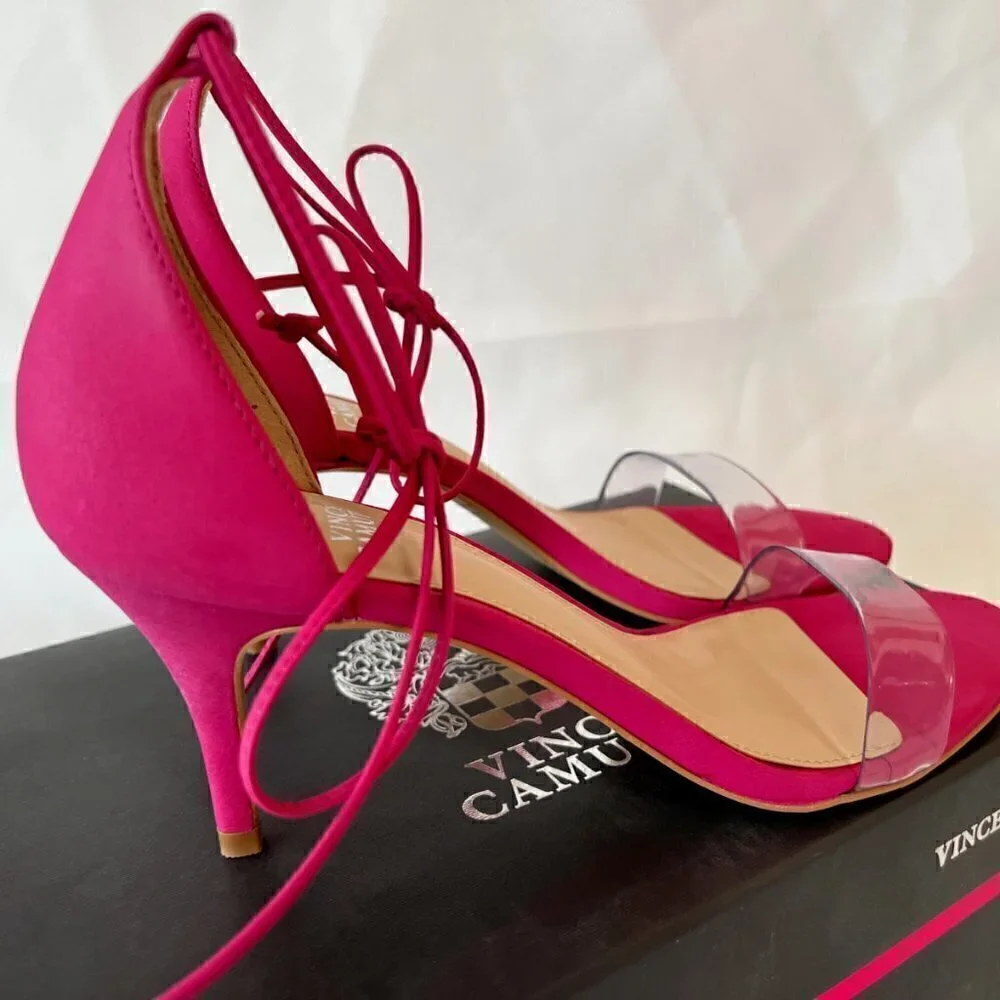 Vince Camuto Presinda Heels Ankle Strap Sandals Womens 7 M Pink Nubuck Tie NWB